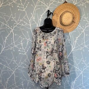 Motherhood Maternity floral boho tunic top sheer long sleeve pastel size M
